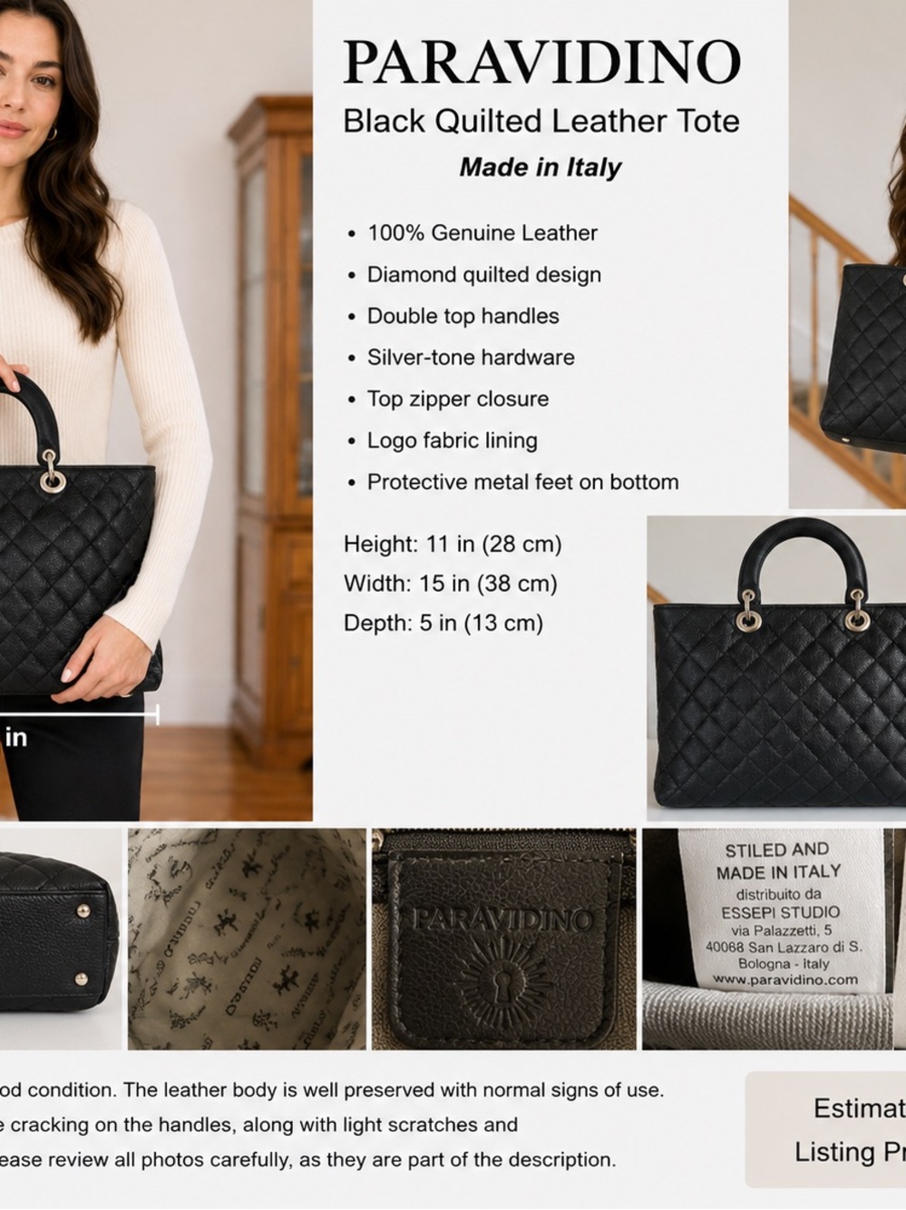 Paravidino black quilted genuine leather tote bag made in Italy